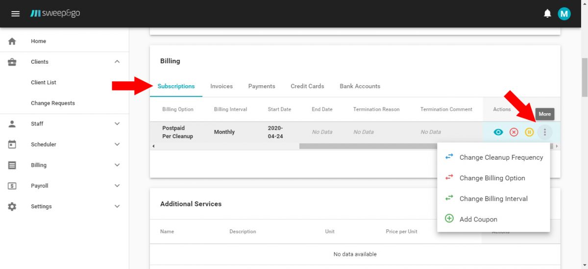 Manage Client Subscriptions Billing Sweep&Go