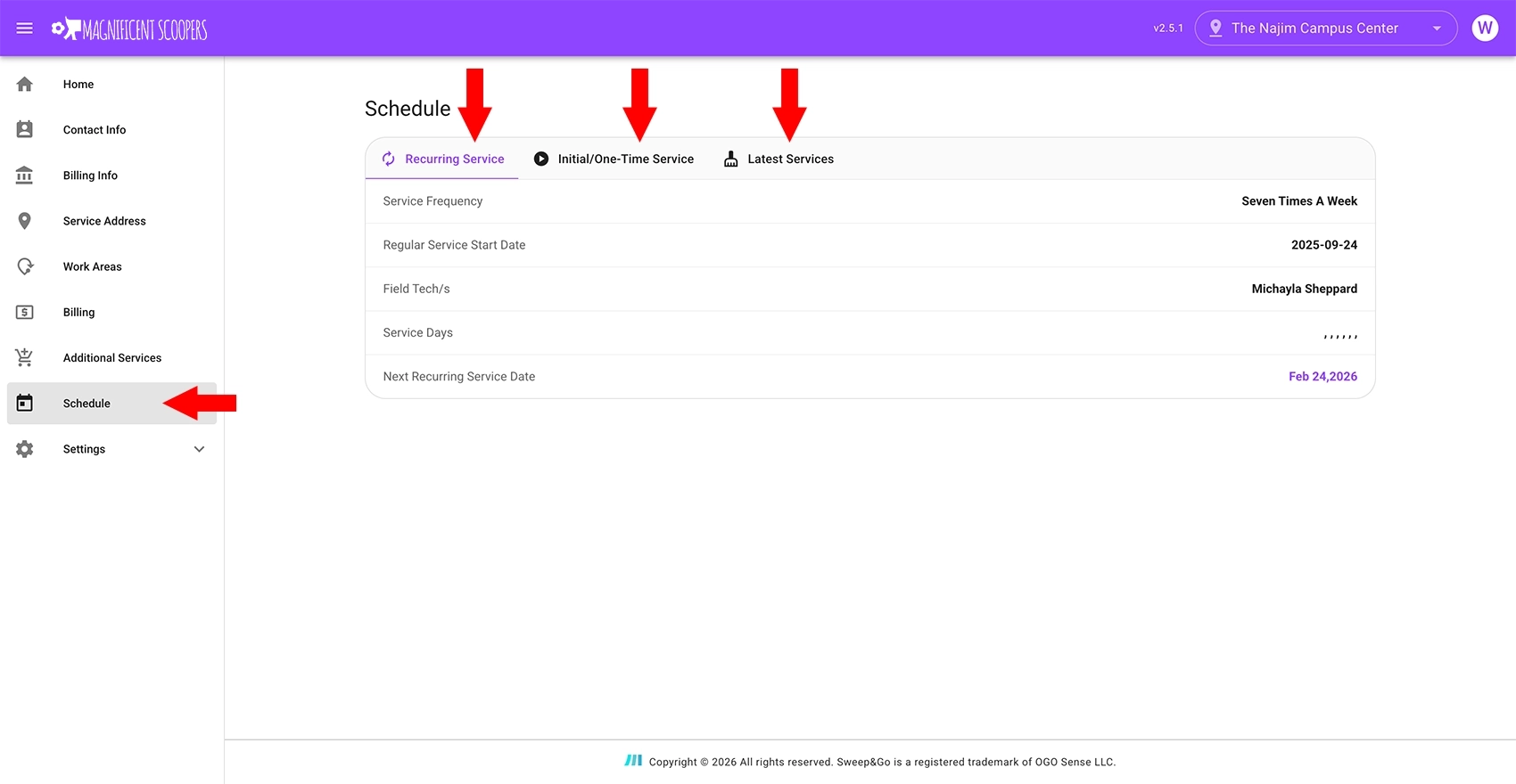 Recurring service schedule and latest cleanups